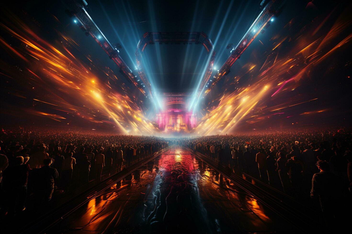 Ai generative Crowded Concert Stage Scenery With Spotlights and Colored Lights realistic image, ultra hd photo