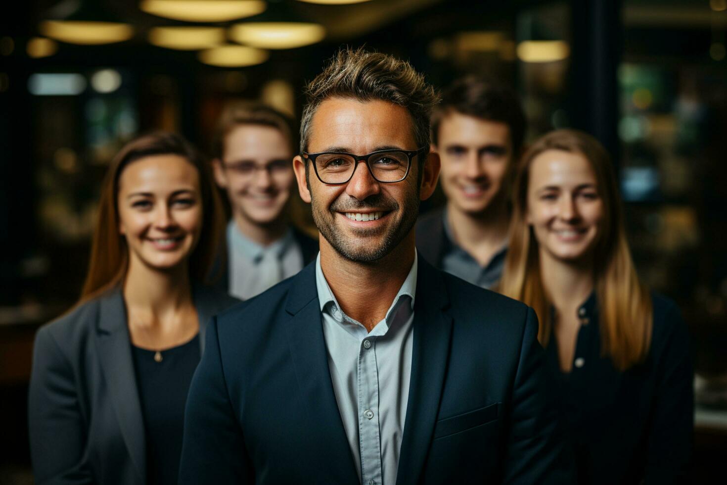 Ai Generative group of happy business man and business women, dressed in suits are smiling, in the office photo