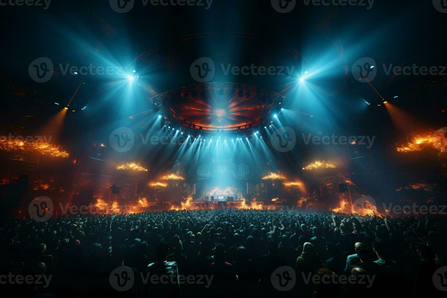 Ai generative Crowded Concert Stage Scenery With Spotlights and Colored Lights realistic image, ultra hd photo