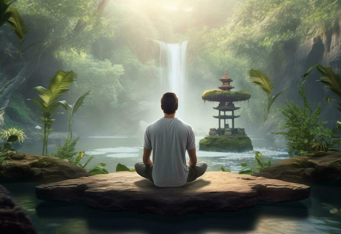 ai generative photo of a man practicing mindfulness and meditation in a peaceful natural environment sony A7s realistic image, ultra hd, high design very detailed