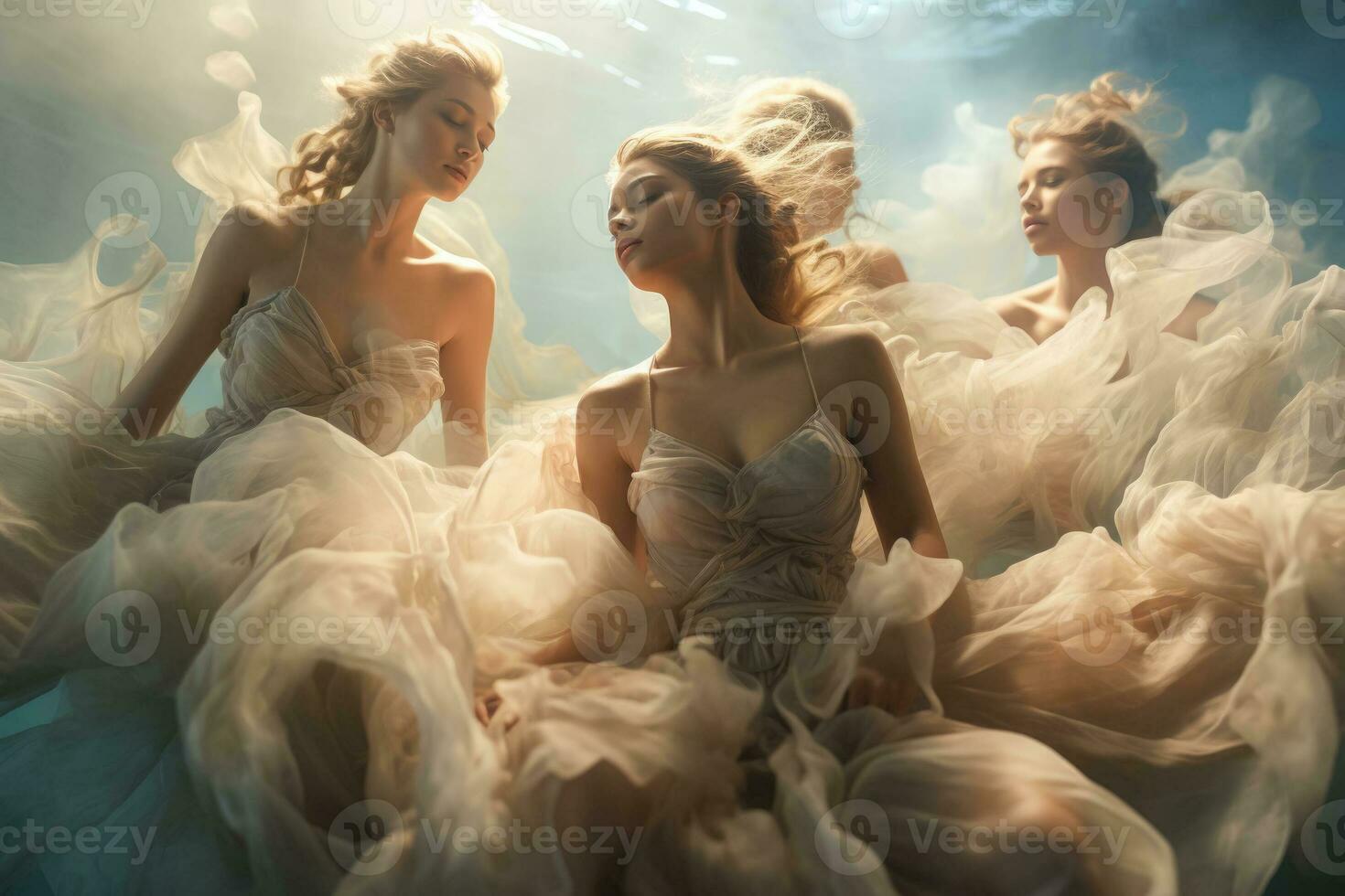 Dancers resting on ethereal clouds submerged in a dreamy mystical sky photo