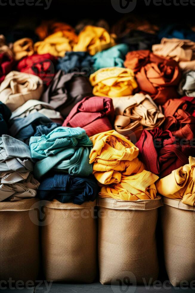 Recycled textile materials in large bins factory background with empty space for text photo