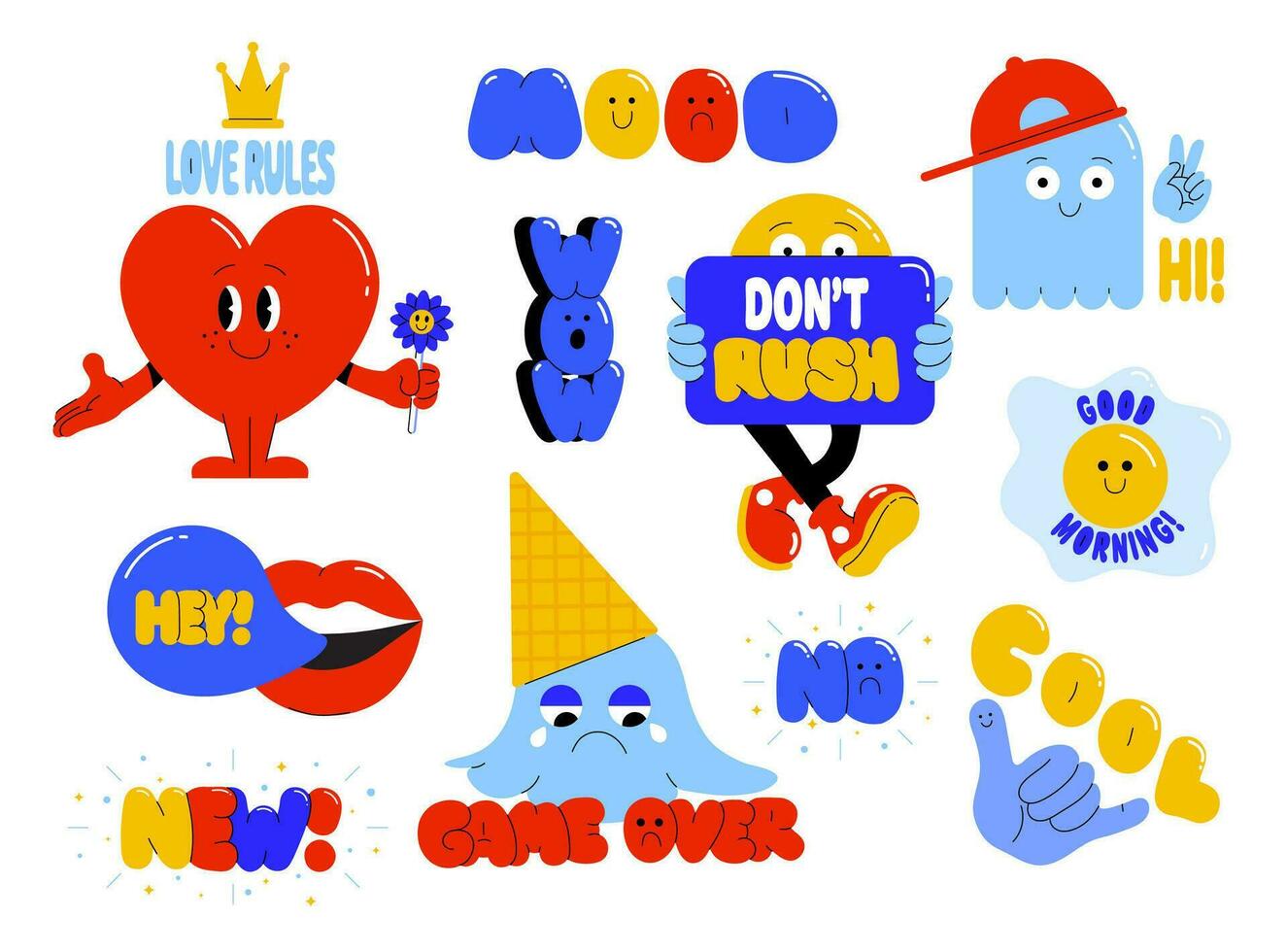 a set of stickers with various characters and phrases vector