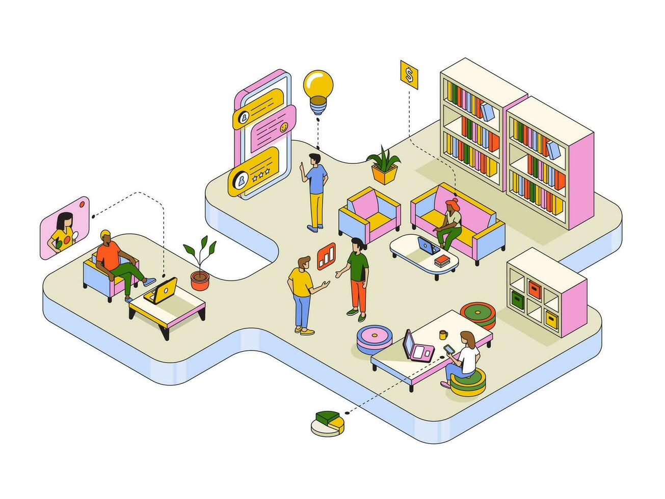 Isometric illustration of people working in a library vector