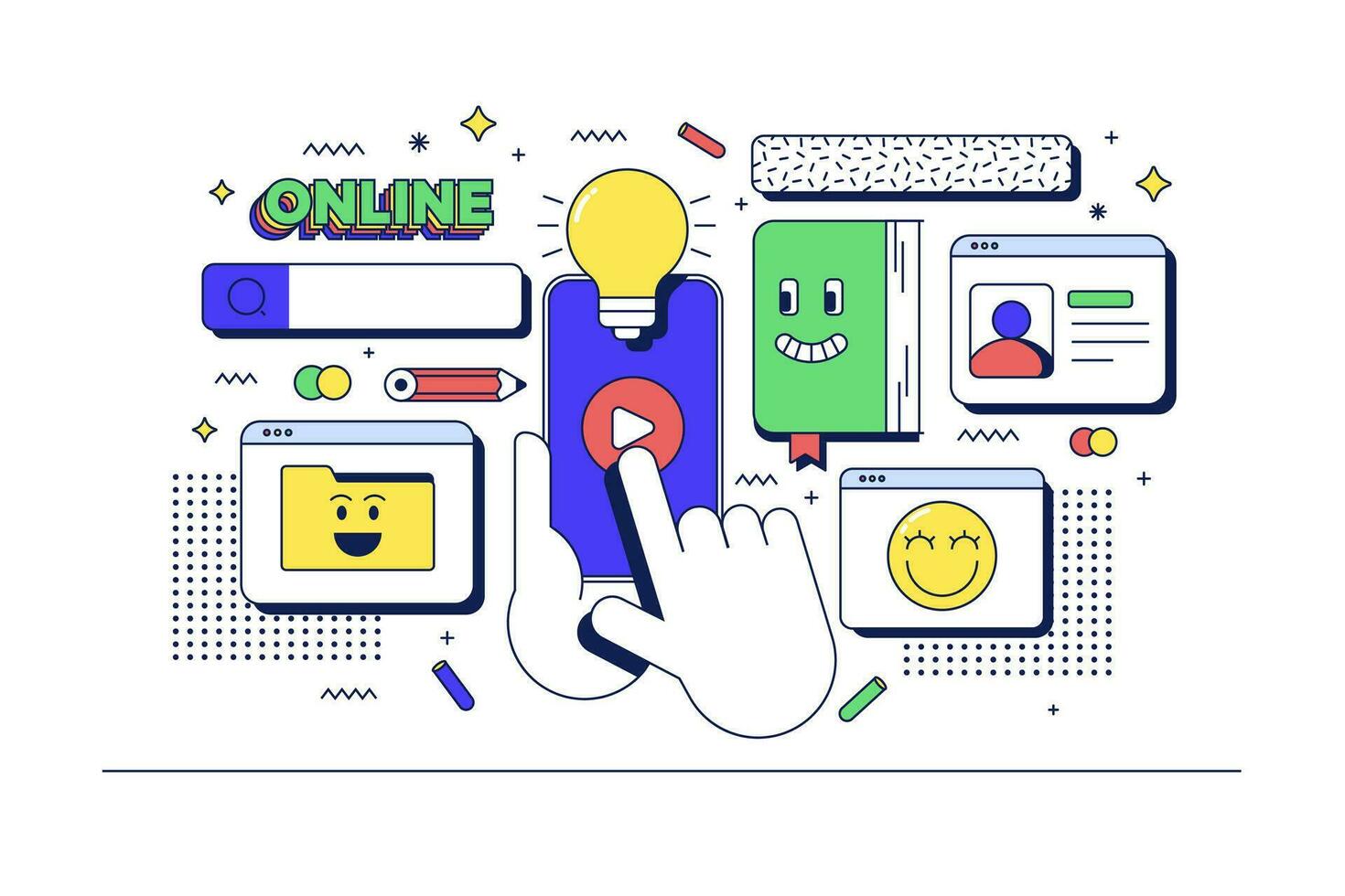 Online marketing concept with hand holding smartphone and icons vector