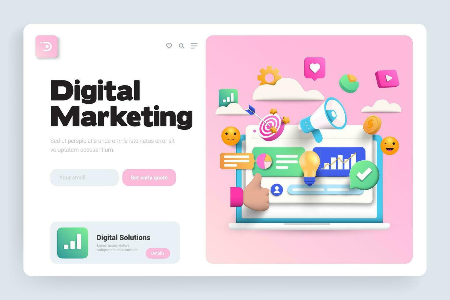 Digital marketing landing page with icons vector