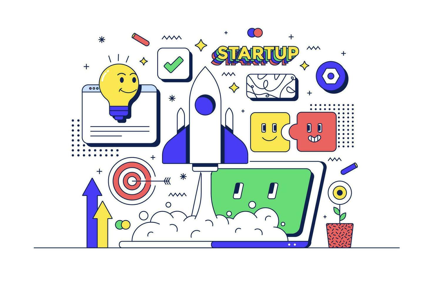 Startup concept illustration with rocket, laptop, and other items vector