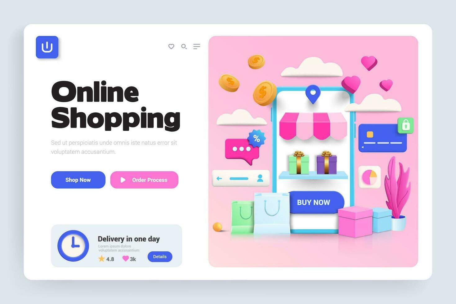 Online shopping landing page with a pink background vector
