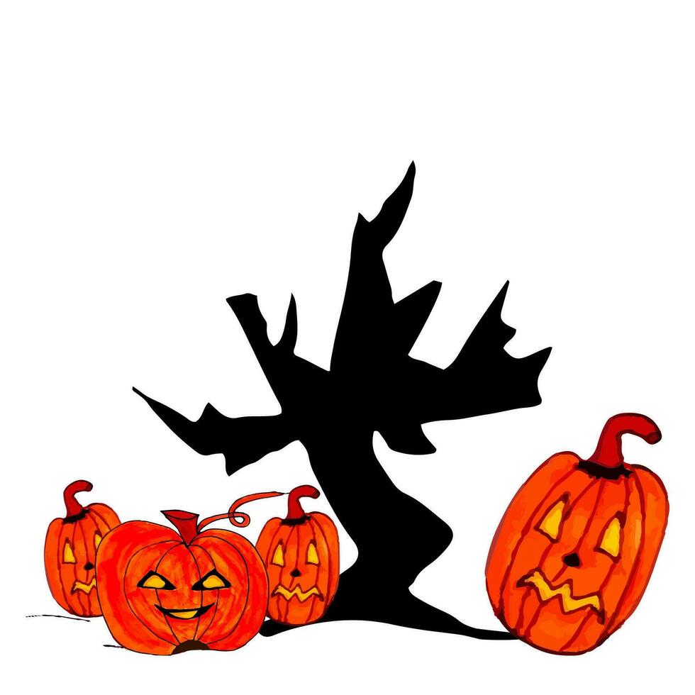 Vector scary pumpkins and terrible dry tree. Halloween doodle icon. Terrible facial expressions.