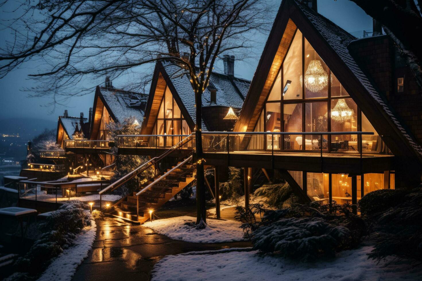 Eco-friendly ecolodge or eco-lodge wooden winter luxury eco-houses at the night photo