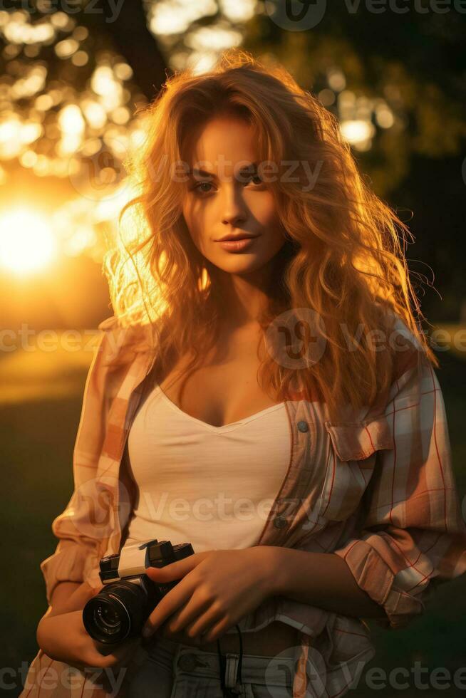 Young girl capturing sunset moments in a summer park with her camera photo
