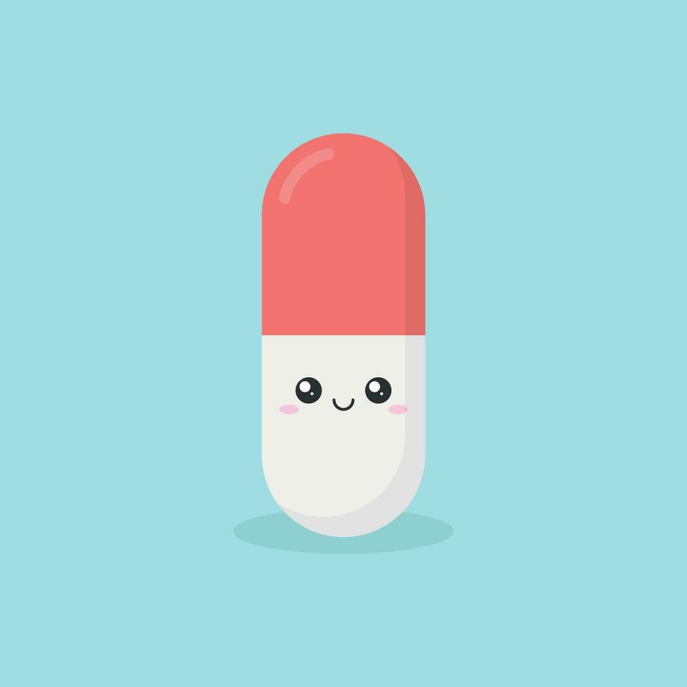 linda personaje pastillas icono en plano estilo. contento tableta vector ilustración en aislado antecedentes. médico fármaco firmar negocio concepto.