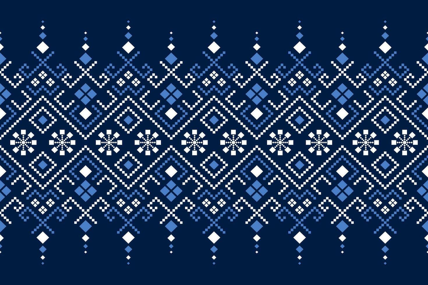 Indigo navy blue geometric traditional ethnic pattern Ikat seamless pattern border abstract design for fabric print cloth dress carpet curtains and sarong Aztec African Indian Indonesian vector