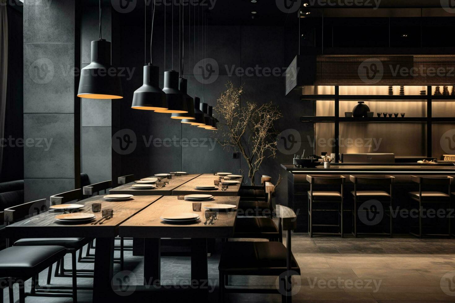 an modern interior restaurant full of grey furniture and black