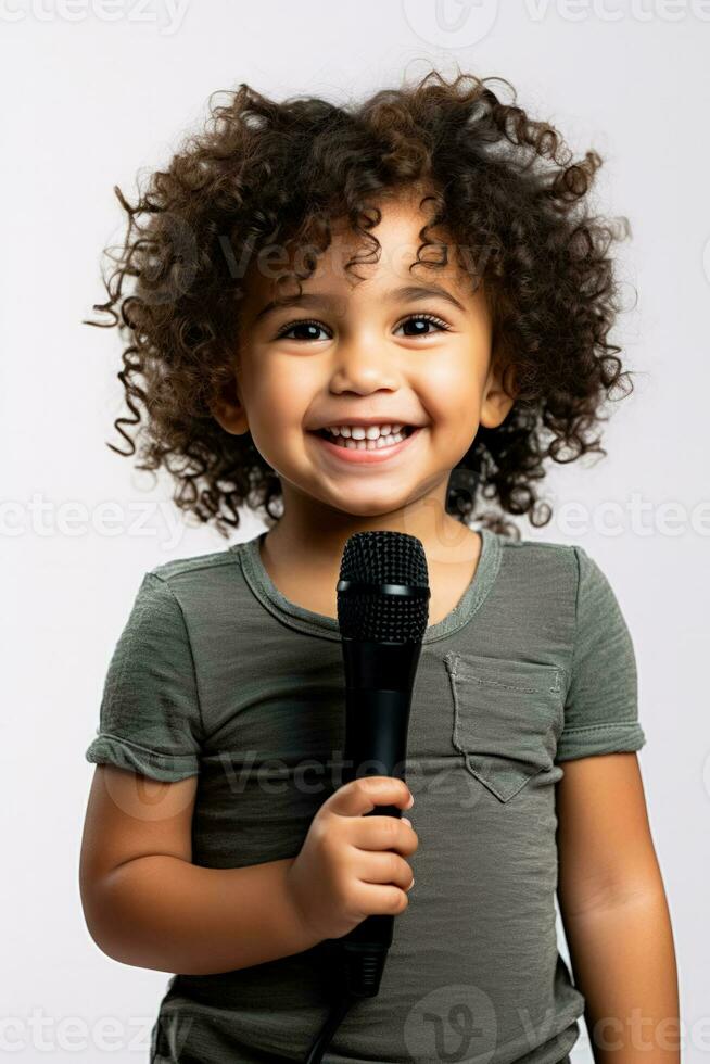 A brave child holding a microphone isolated on a white background photo