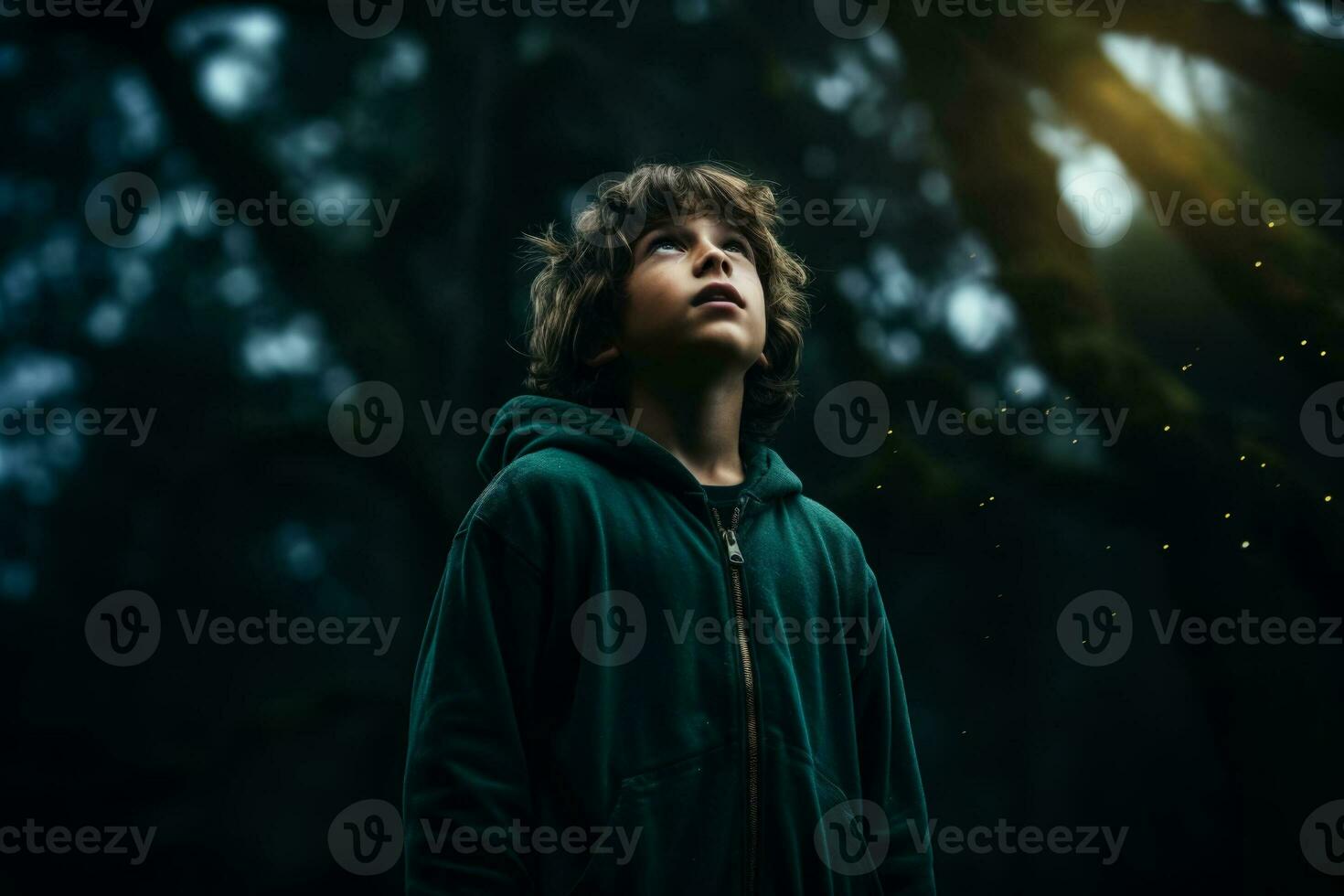 A child gazing bravely at a dark forest isolated on a moody gradient background photo