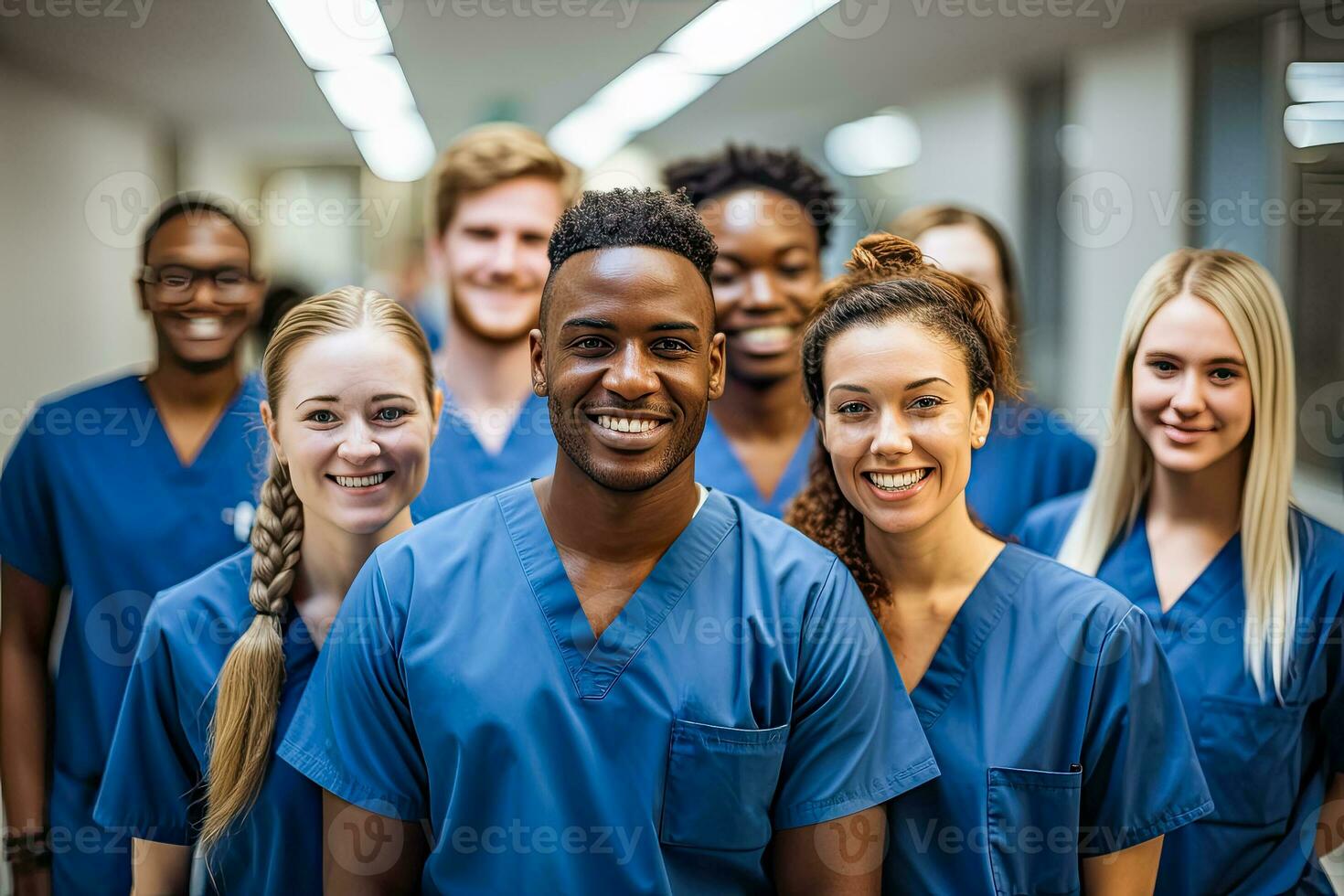 A team of doctors posing in a hospital smiling at the camera created using tools photo