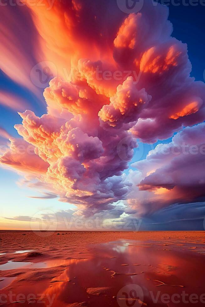 Vibrant rainbow clouds cast a surreal glow over vast desert dunes creating a captivating and dreamlike scenery photo