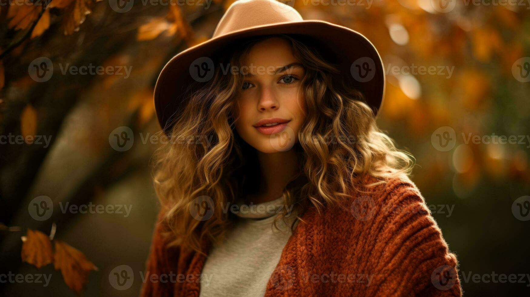 A woman in a cozy oversized sweater poses among fallen leaves showcasing the perfect blend of style and nature photo