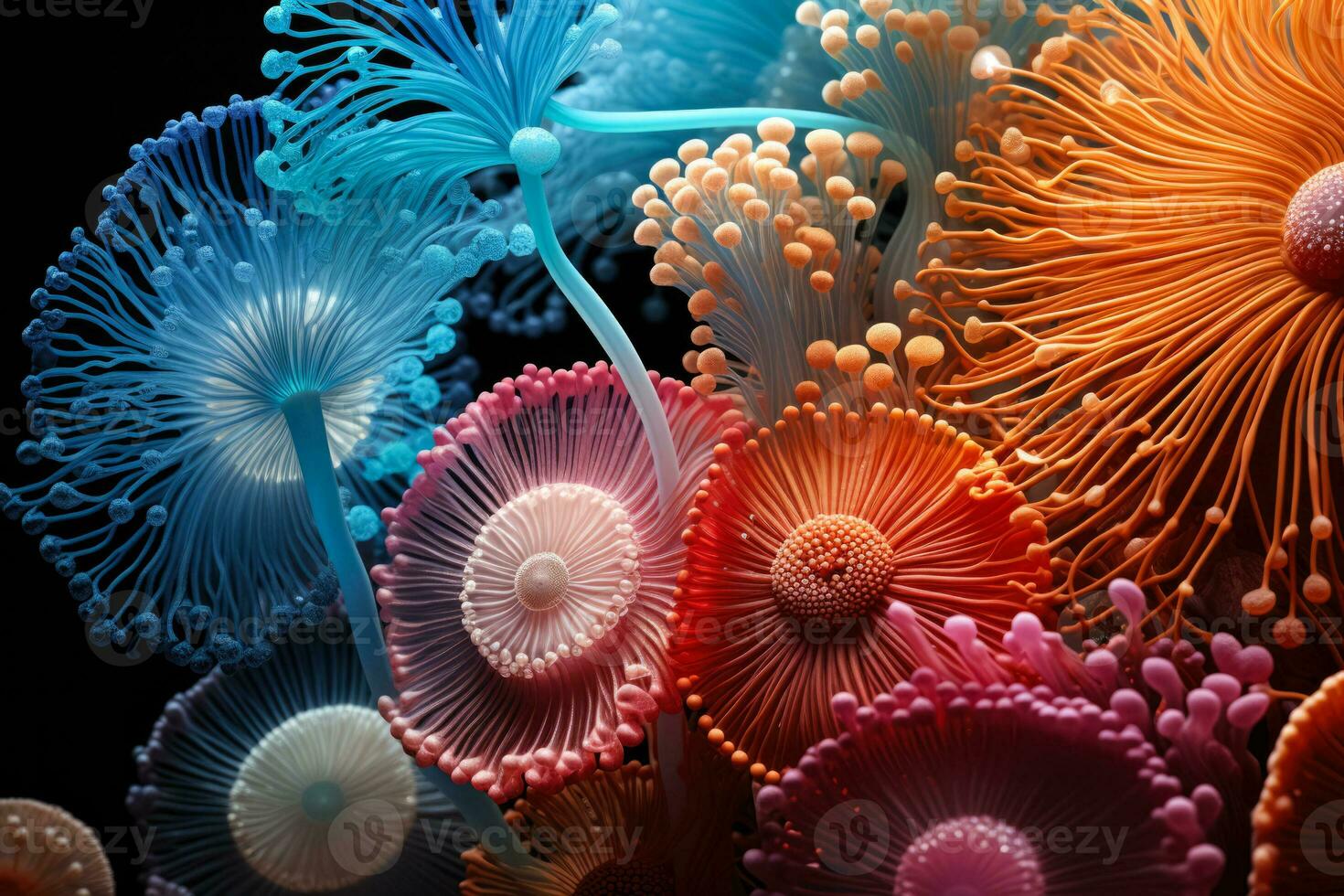 Microscopic organisms transformed into vibrant psychedelic abstract designs photo