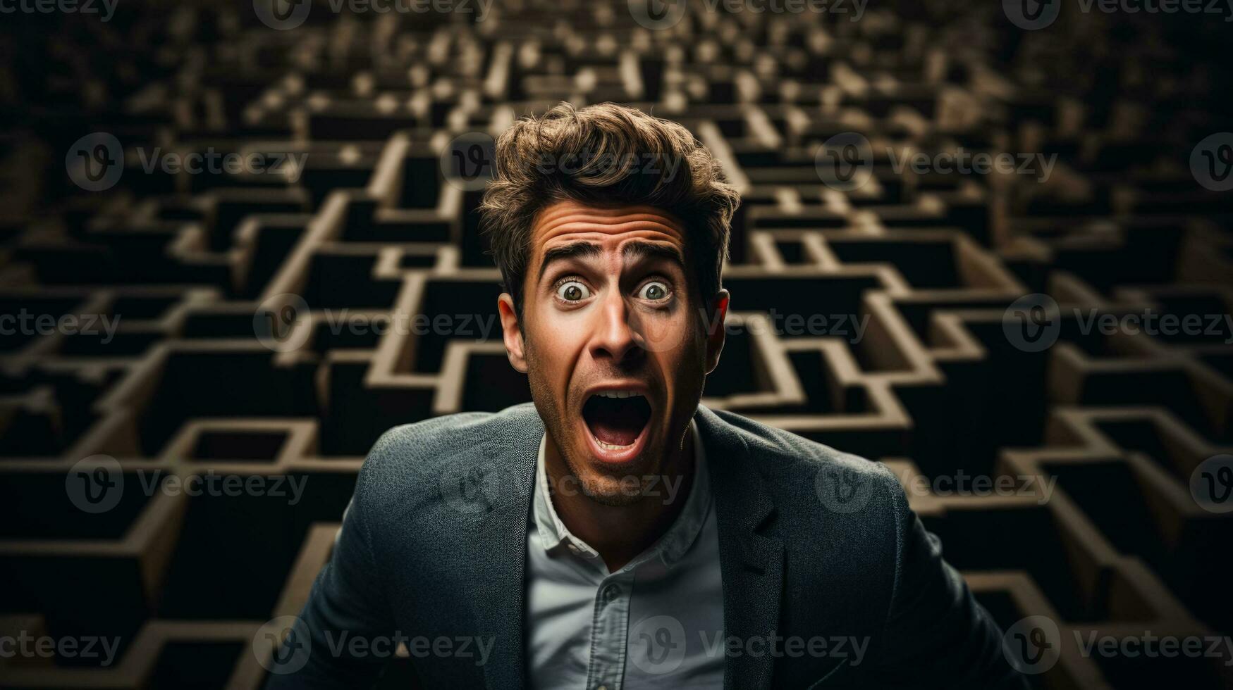 Being lost in a maze shocked face of a man dark background with a place for text photo