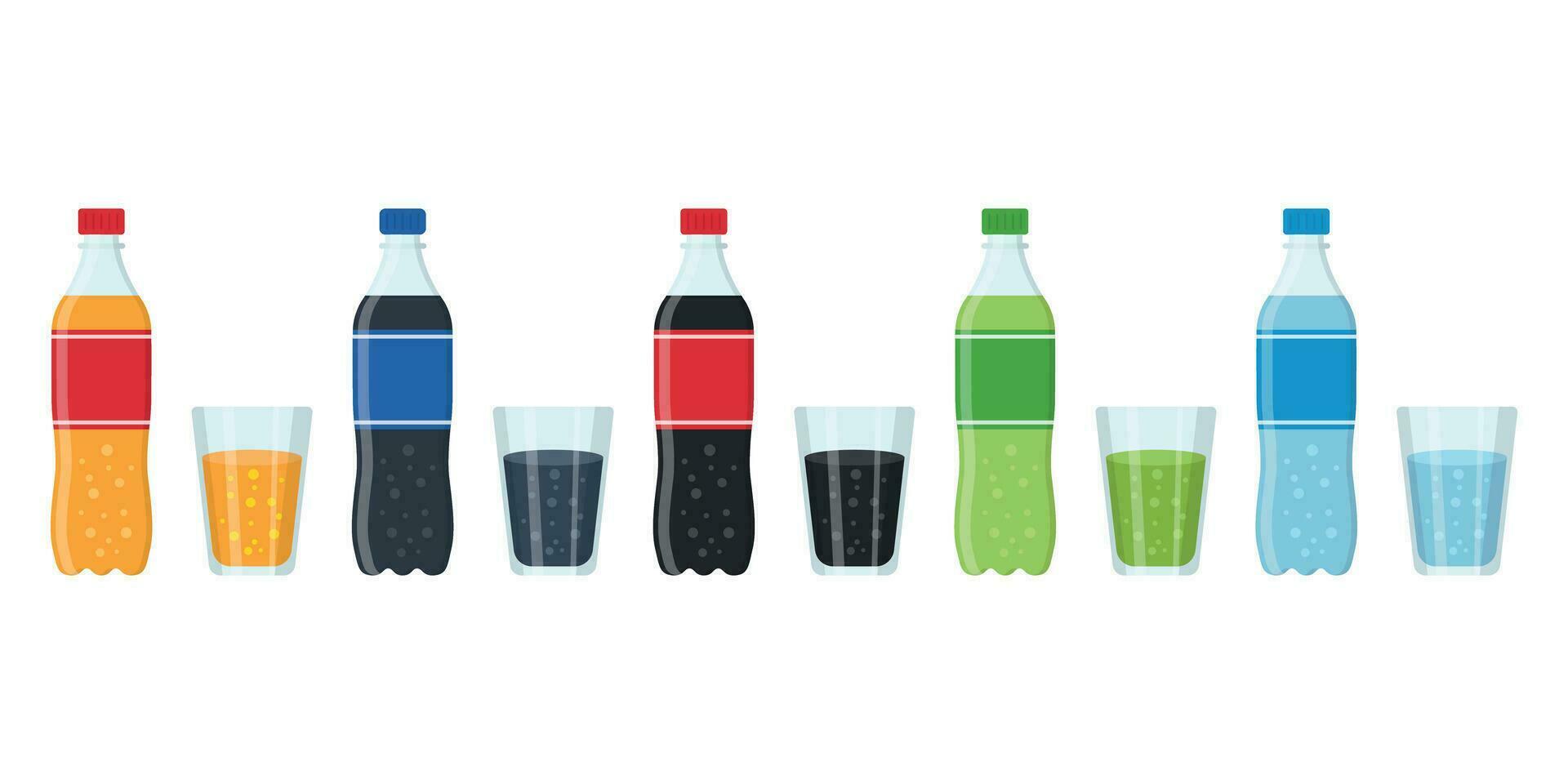 Soda drink icons set in flat style. Plastic bottle and glass vector illustration on isolated background. Water beverage sign business concept.