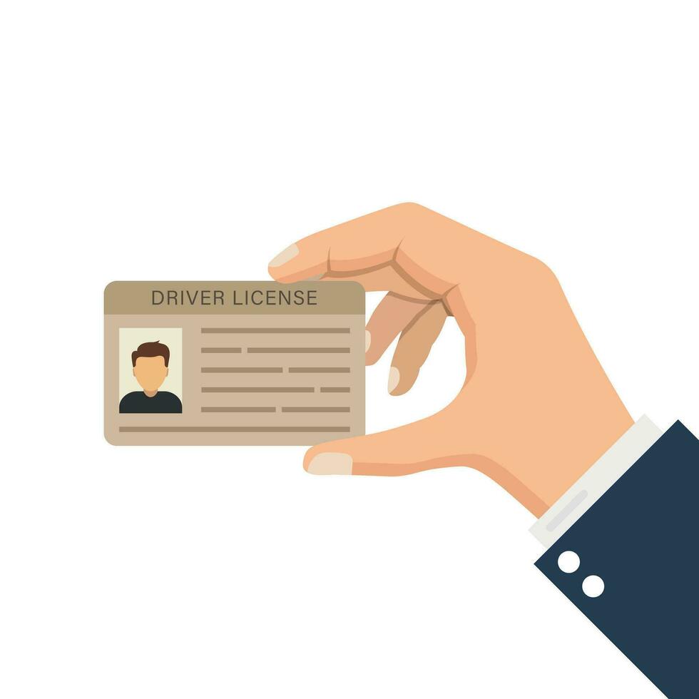 Hand holding driver license icon in flat style. Id card vector illustration on isolated background. Person document sign business concept.