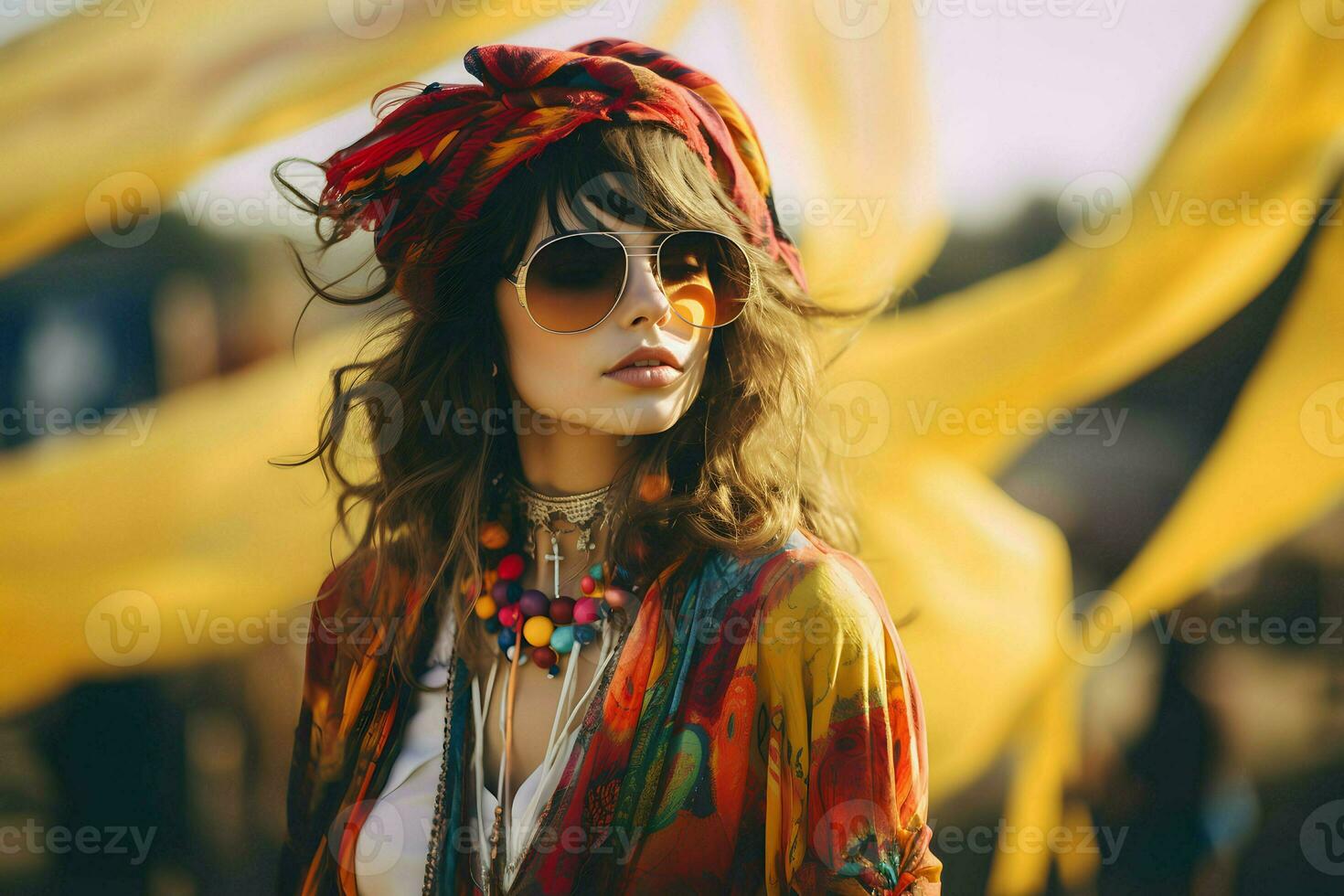 un elegante niña con Gafas de sol y un vibrante tocado. ai generado. foto