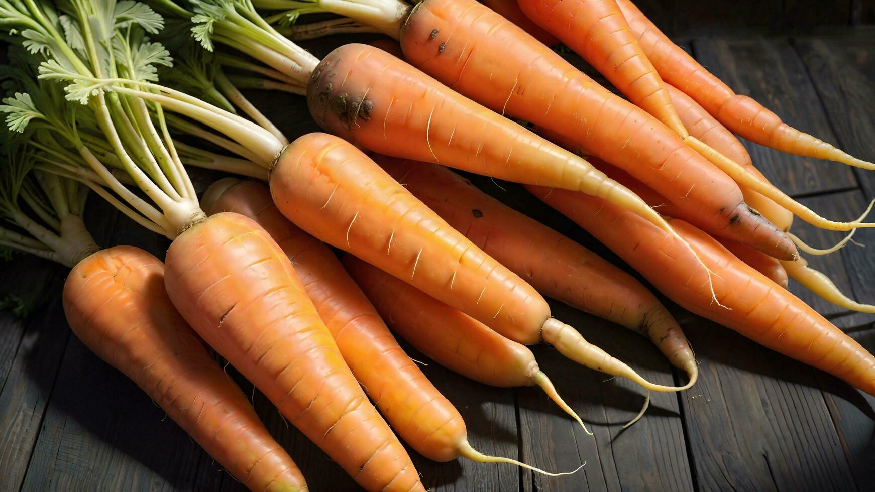 ai generativo. zanahorias radiante. iluminado por estudio Fresco zanahorias arreglado ingeniosamente en un de madera mesa, de la naturaleza brillantez foto