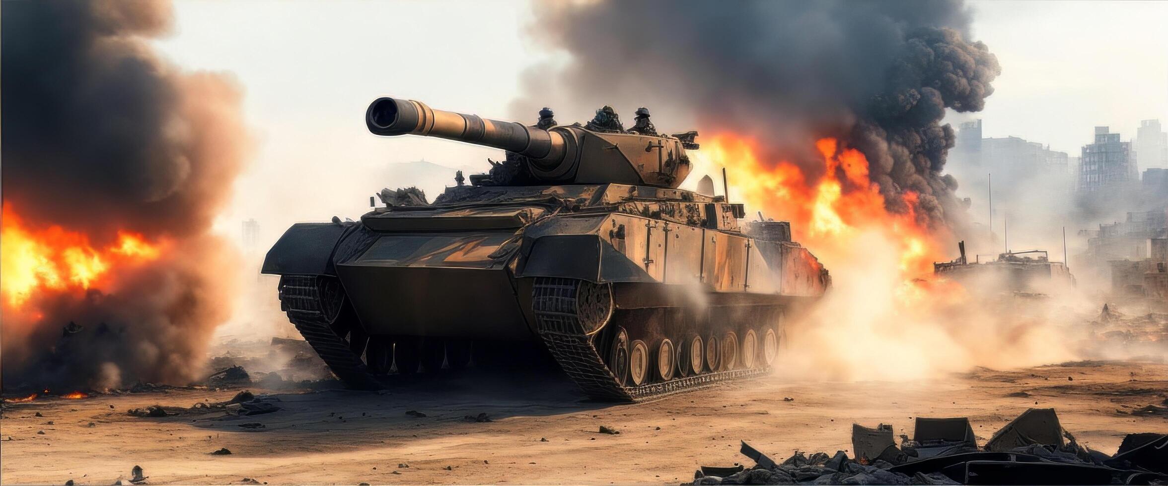 . Exhilarating Spectacle, Armored Tank Triumphantly Braves Minefield Amidst War Invasion, Unleashing a Majestic Display of Fire and Smoke in a Devastated Cityscape photo