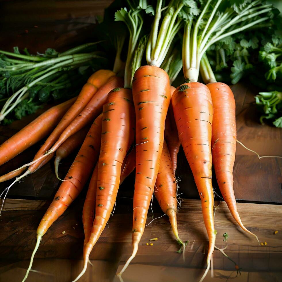 AI Generative. A Mesmerizing Display of Vibrant Carrots on a Rustic Wooden Table, Bathed in Dramatic Light photo