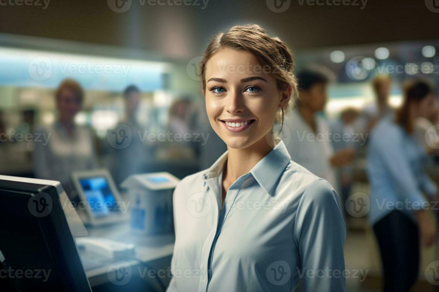 Female cashier smiling at the supermarket photo