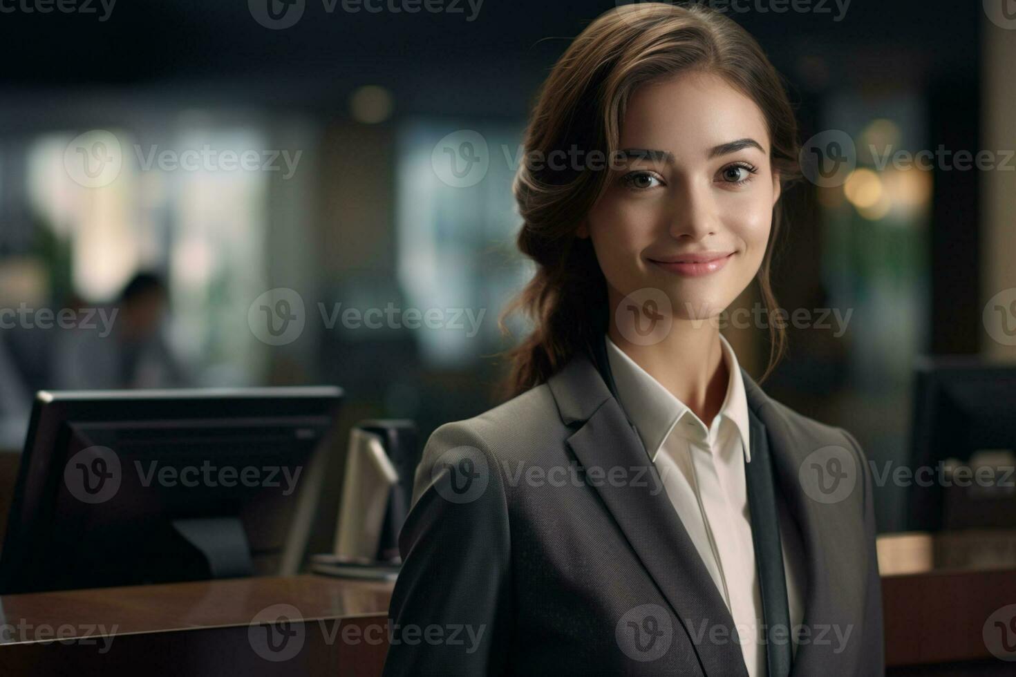 female hotel receptionist standing in front of the hotel reception