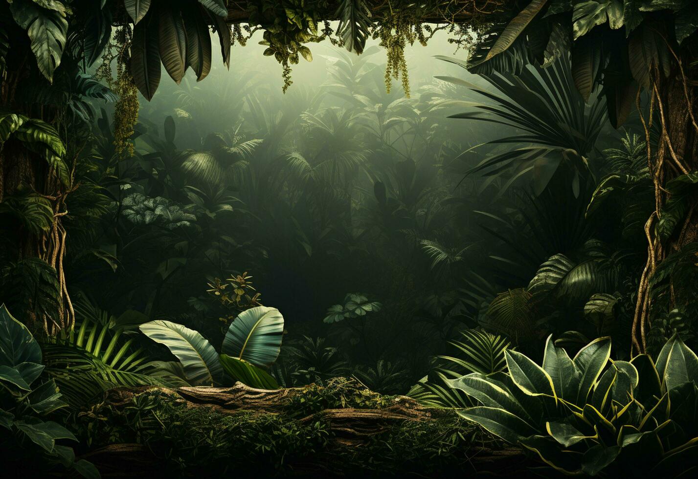 Beautiful jungle background with border made of tropical leaves backdrop with copy space photo