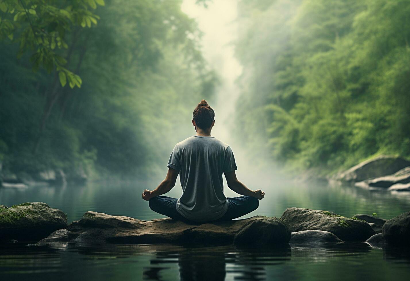 ai generative photo of a man practicing mindfulness and meditation in a peaceful natural environment sony A7s realistic image, ultra hd, high design very detailed