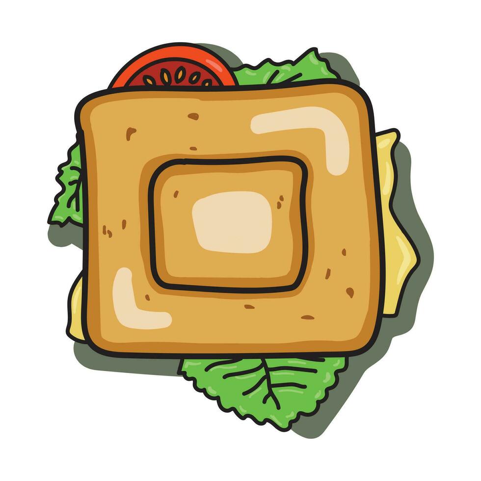 Melted yellow cheese, tomato and salad toast vector illustration