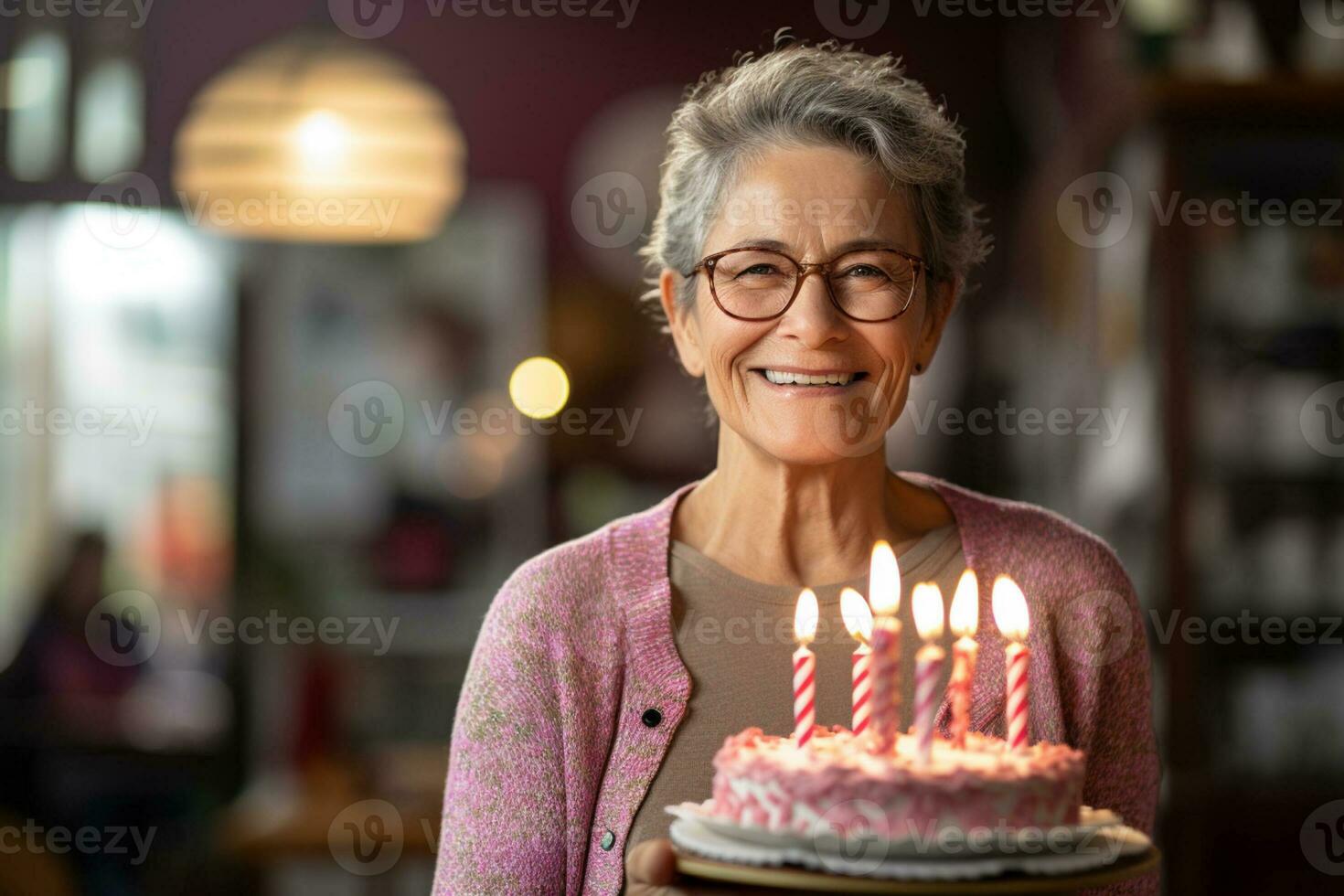 a woman holding a birthday cake with several candles on bokeh style background photo