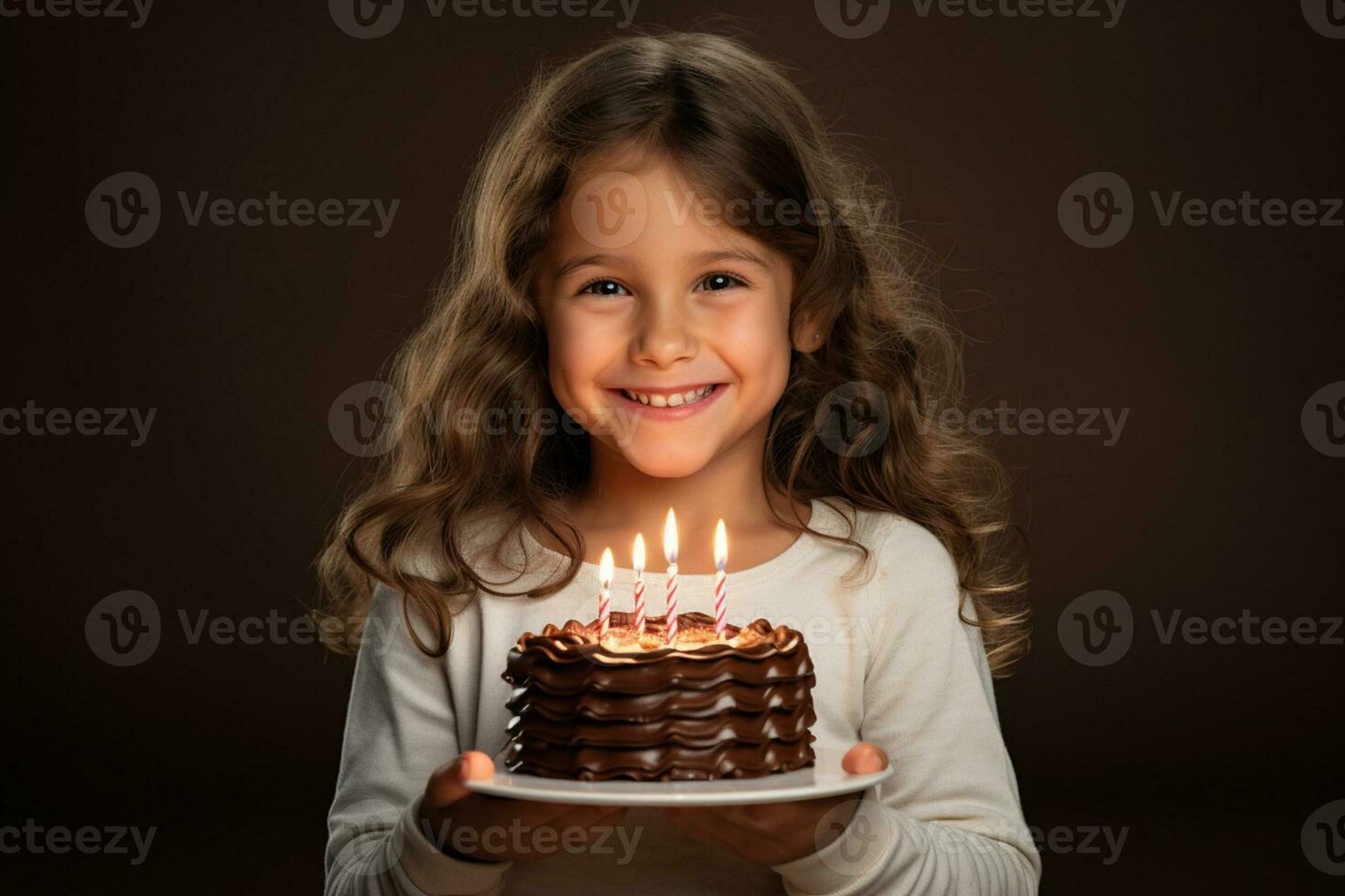a girl holding a birthday cake with several candles on bokeh style background photo