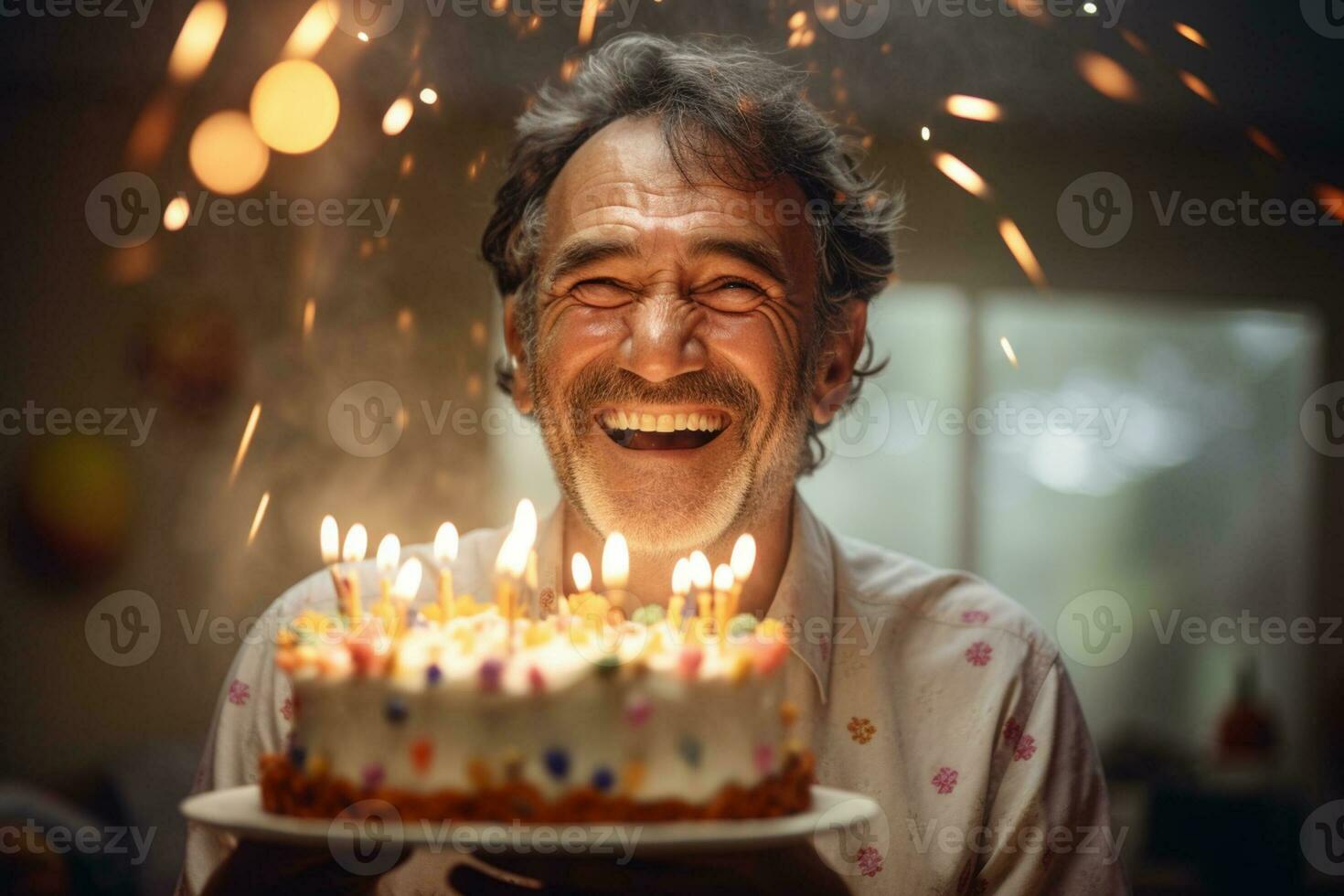 a man holding a birthday cake with several candles on bokeh style background photo