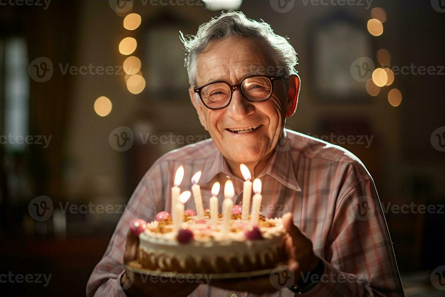 an elderly man holding a birthday cake with several candles on bokeh style background photo