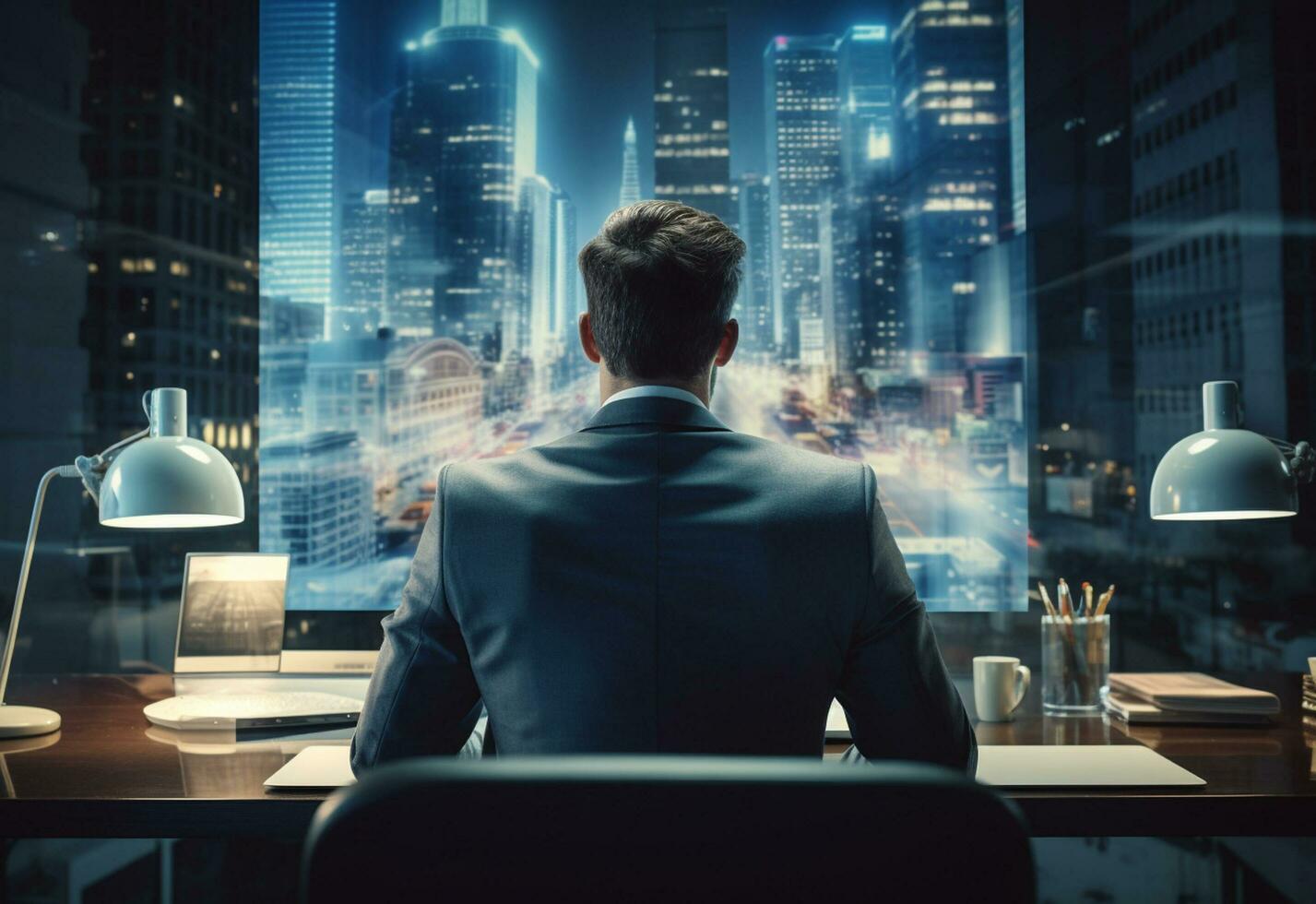 Ai generative double exposure photo of a business man using laptop on his desk front view office background realistic image, ultra hd, high design very detailed