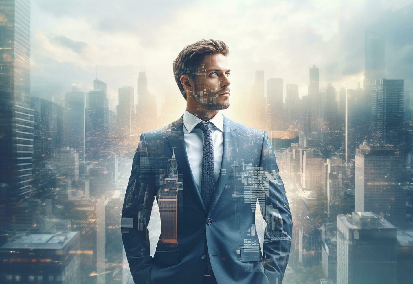 Ai generative A Double Exposure of a Businessman in the Cityscape Embodies Success and Future Plans photo