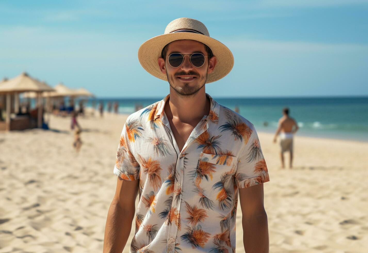 Ai generative back view young tourist man in summer dress and hat standing on beautiful sandy beach. enjoying. photo