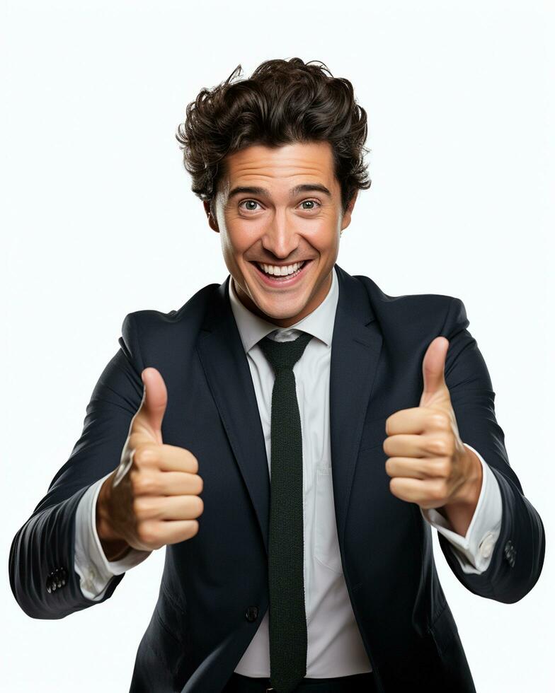 Ai generative photo business concept portrait of excited man dressed in formal wear giving thumbs up