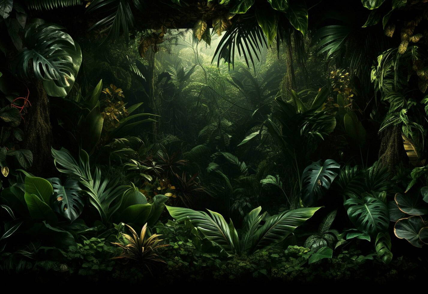 Ai Generative Beautiful jungle background with border made of tropical leaves backdrop with copy space photo