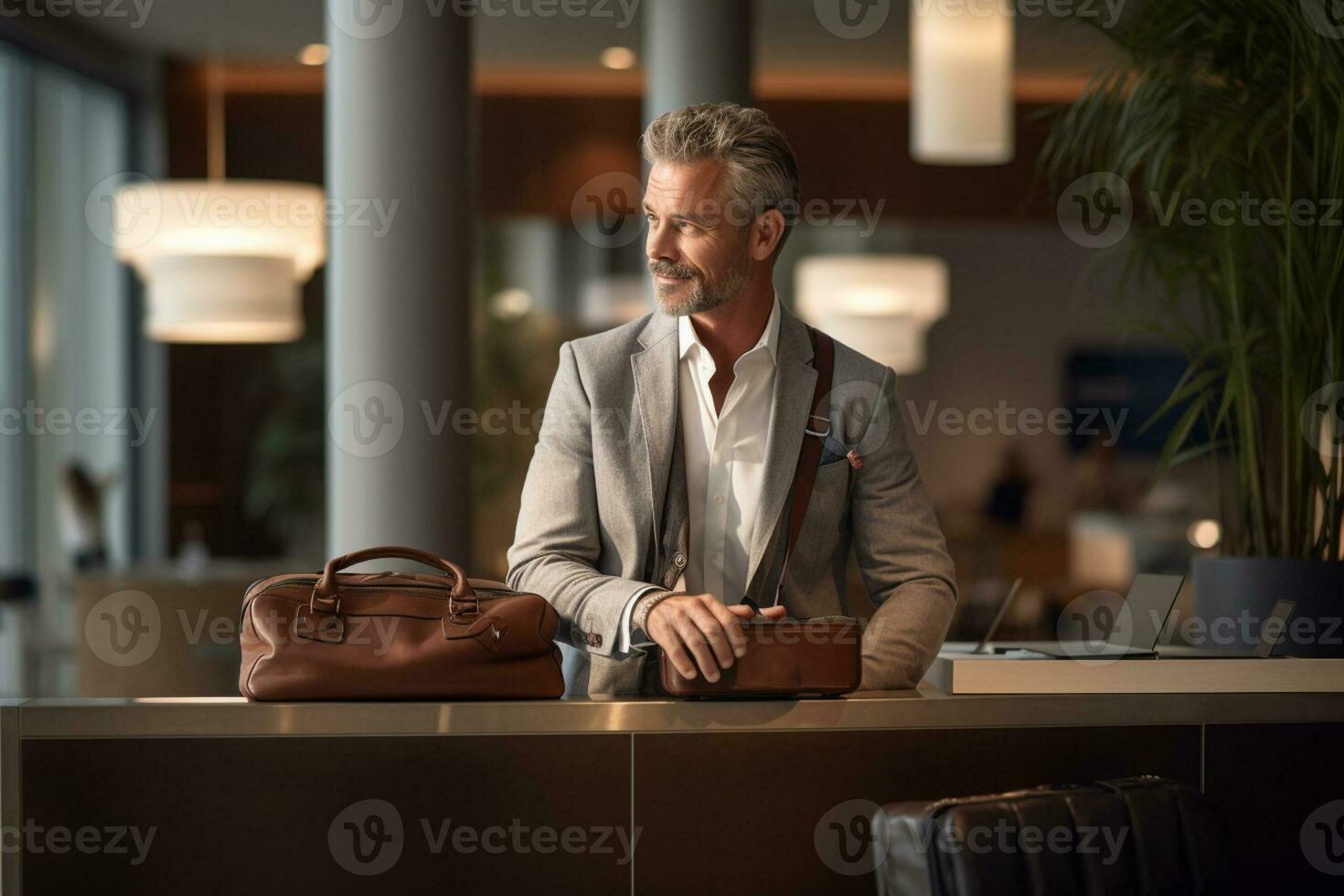 Businessman with suitcase standing in front of hotel reception counter photo