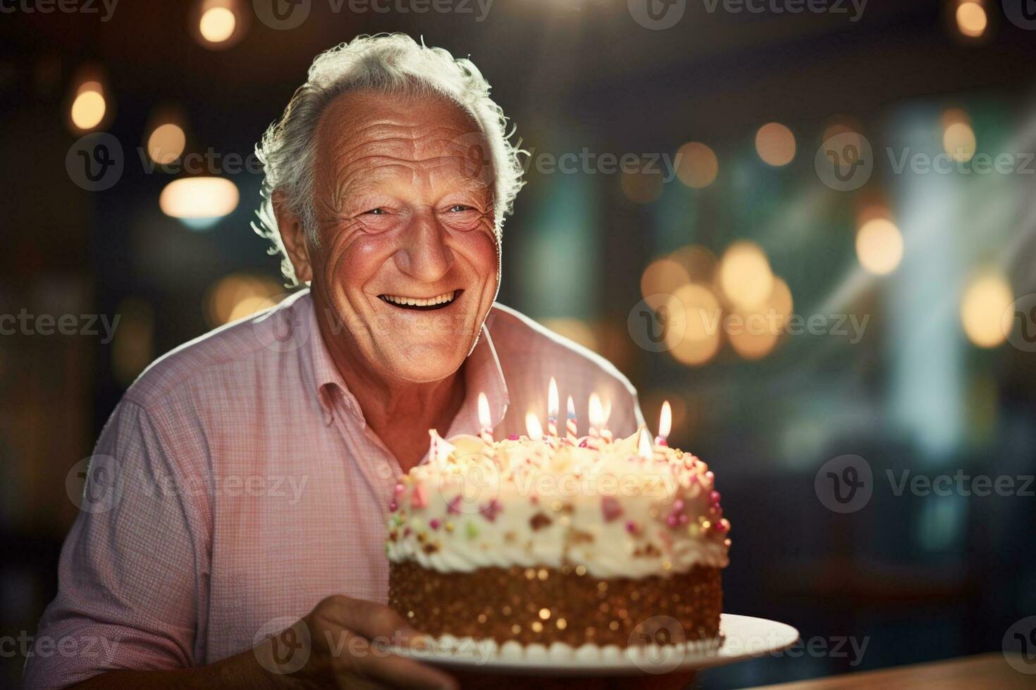 an elderly man holding a birthday cake with several candles on bokeh style background photo