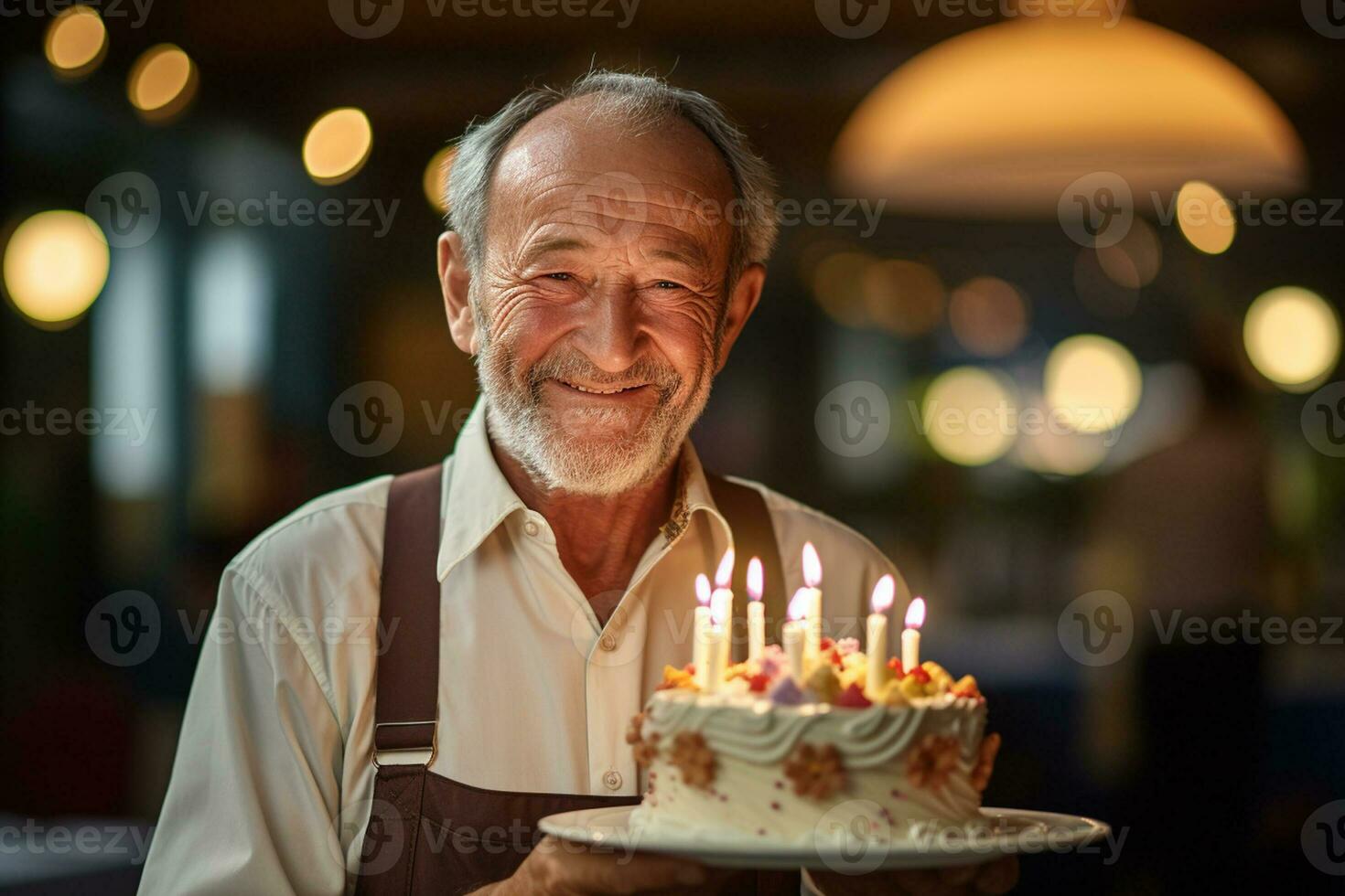 an elderly man holding a birthday cake with several candles on bokeh style background photo