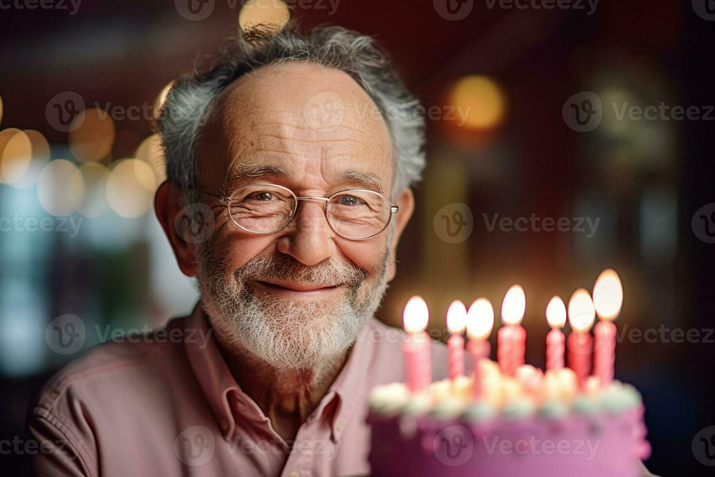 an elderly man holding a birthday cake with several candles on bokeh style background photo