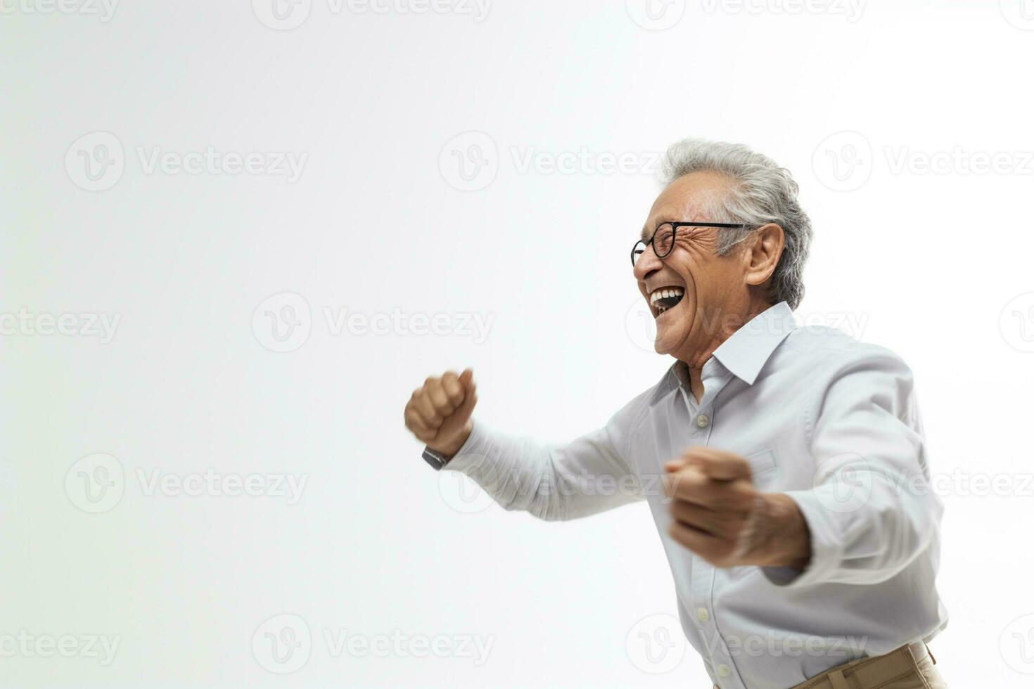 elderly man happy dance on bokeh style background photo